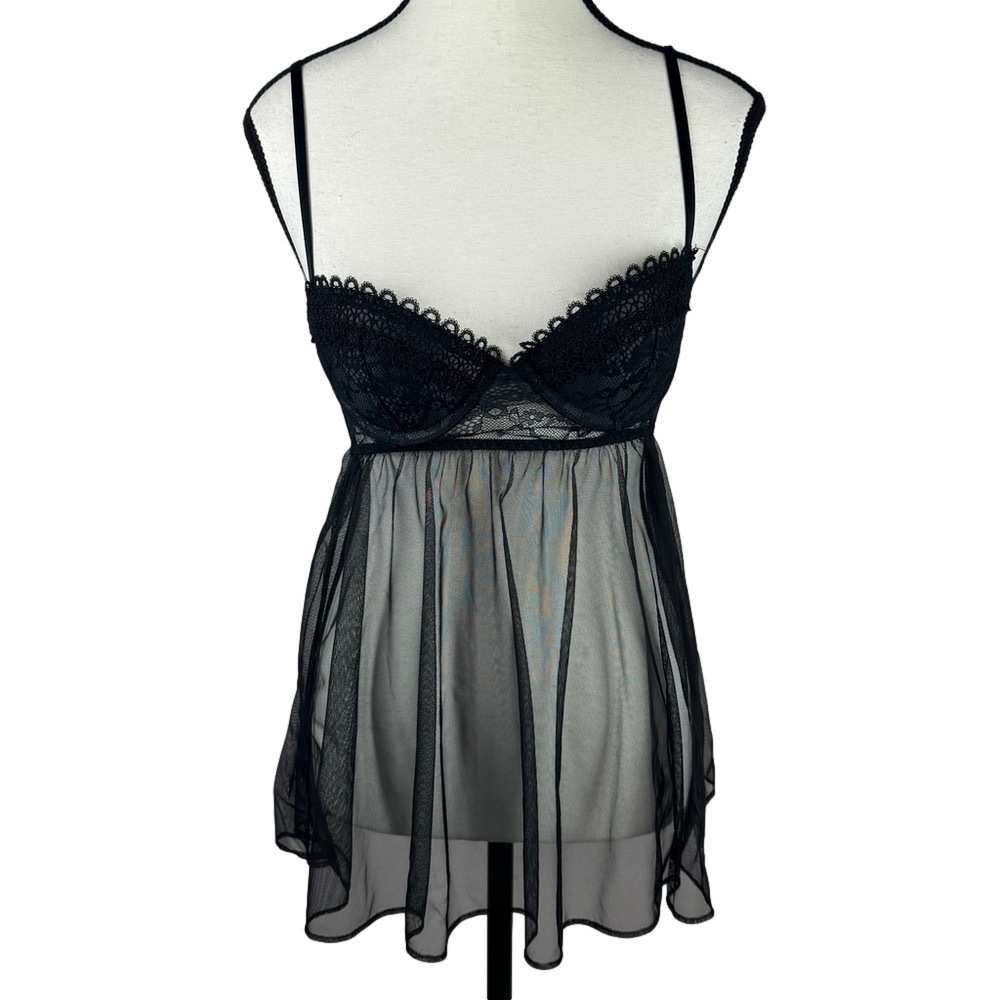 Victoria's Secret Black 34B Romantic Nightie Sheer Chemise Babydoll Lingerie - Picture 2 of 11